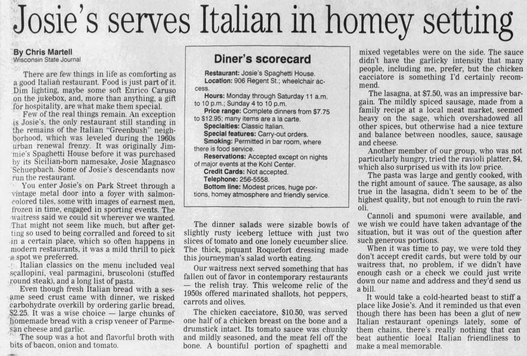 Review of Josie's in 1998
